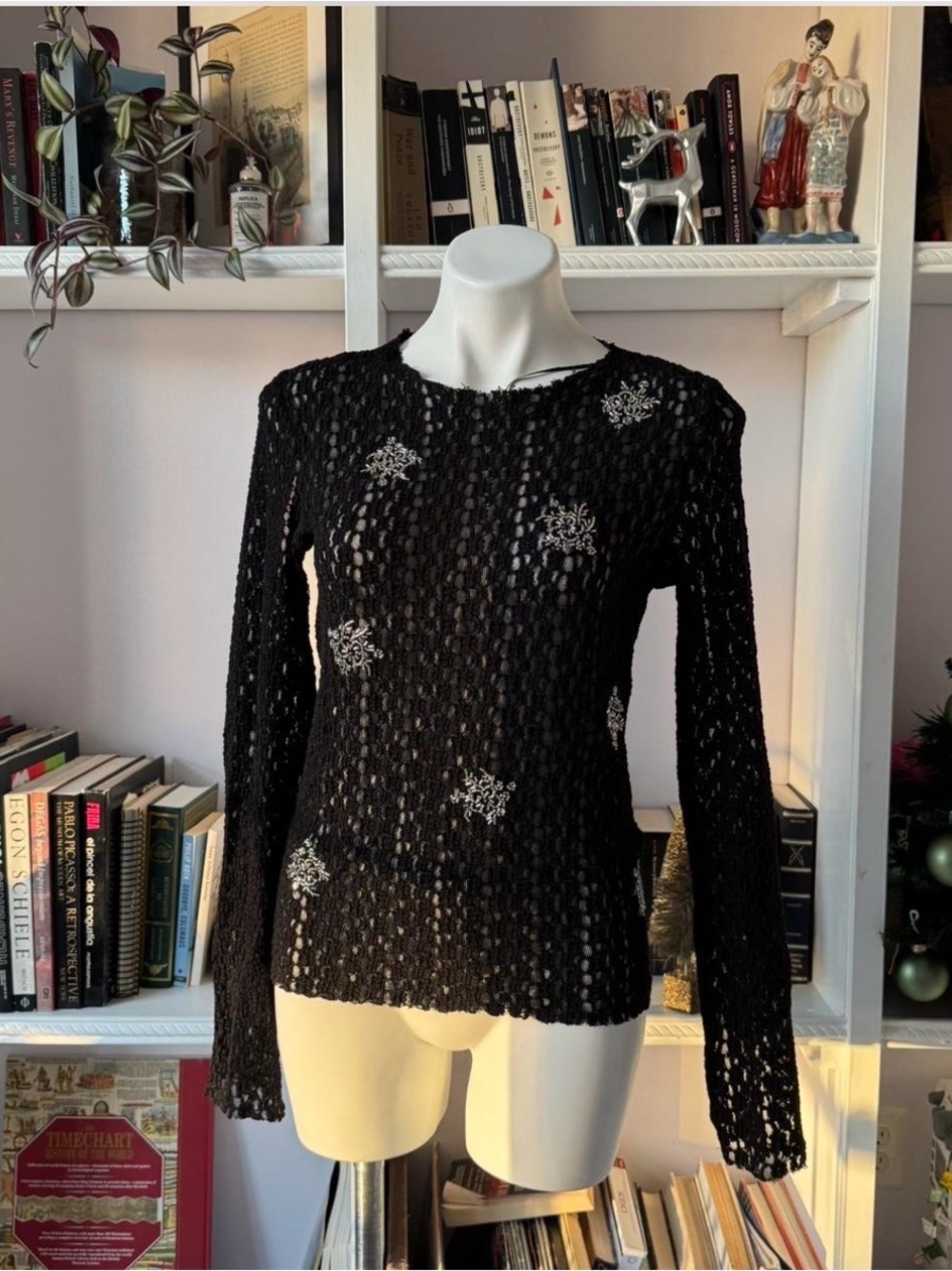 Zara Black Crochet Open-Weave Sweater with Silver Floral Accents